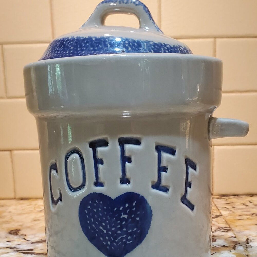 Vintage Blue Heart Country Farmhouse Coffee Canister with Lid & Scooper